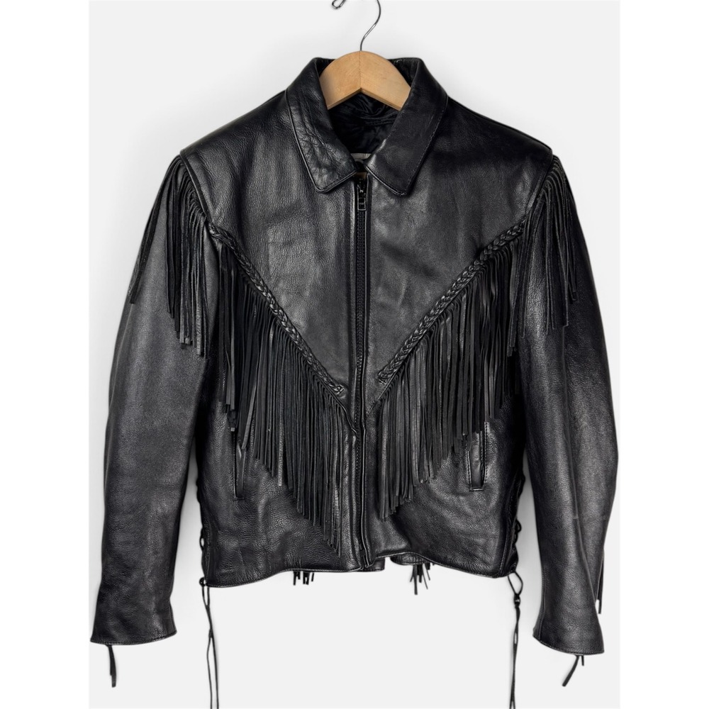 Vintage 80s Wild Ride Black Leather Fringe Western Side lace Motorcycle Jacket L